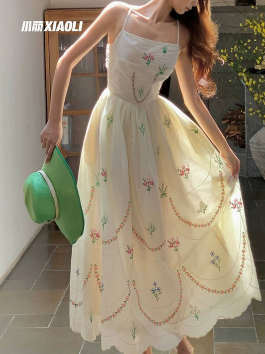 XIAOLI Garden Tea Break Floral Embroidery Suspender A-Line Dress Spring French Temperament Holiday Long Dress