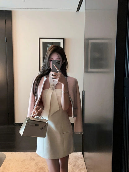 FairyJiang Spring Xiaoxiang white halterneck tube top woolen dress waist slimming short skirt with brooch