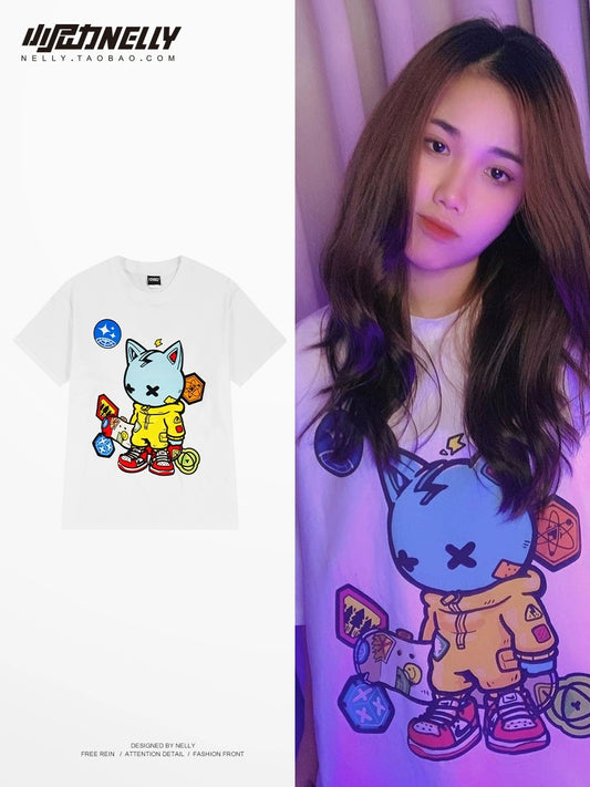 American hip-hop oversize cartoon print student half-sleeved spring and summer cute couple short-sleeved T-shirt trendy brand tee