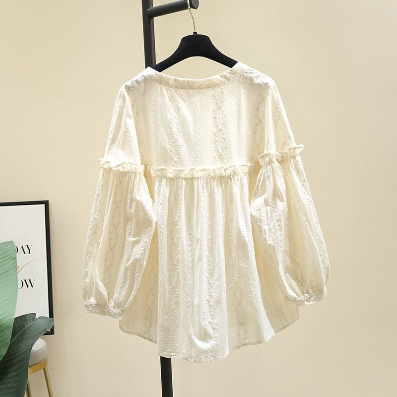Design round neck ruffled apricot shirt for women 2024 spring new loose long-sleeved shirt tops