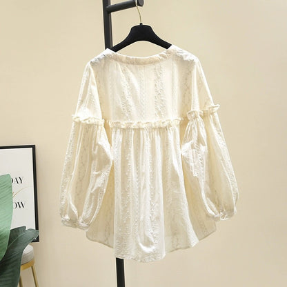 Design round neck ruffled apricot shirt for women 2024 spring new loose long-sleeved shirt tops