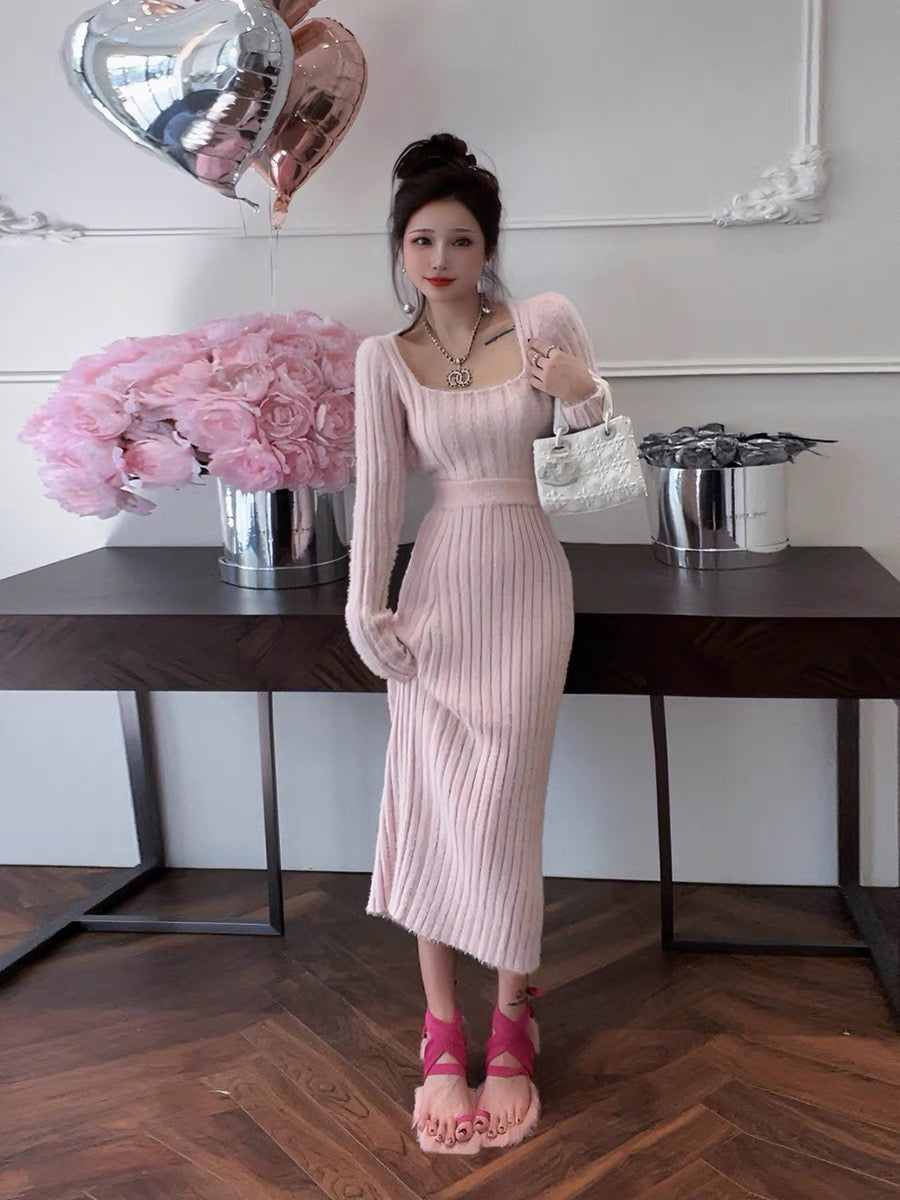 Sweater Dress Long Skirt Women's Autumn and Winter New Square Neck High Waist Hip Short Skirt Two-piece Knitted Suit Skirt (S0942)