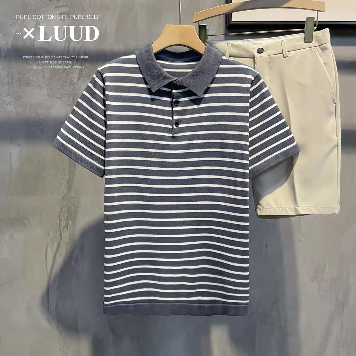 LUUD retro trend black and white striped short-sleeved slim-fit breathable casual top summer men's knitted polo shirt