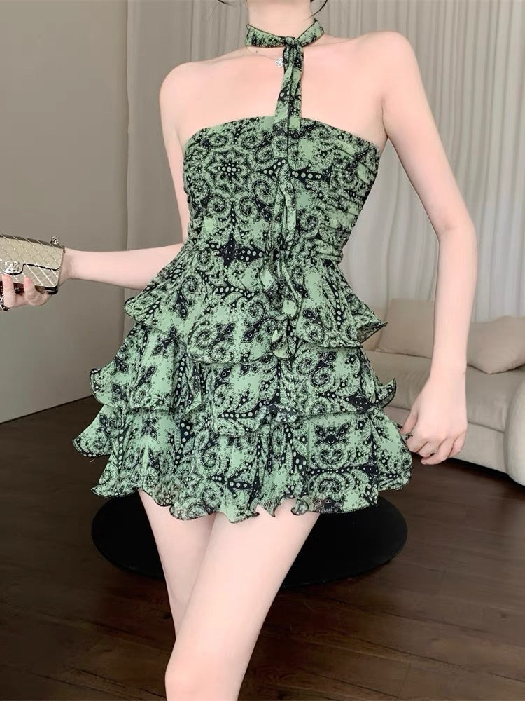 French tie halter neck floral sling dress female summer cake tutu skir Lee Nhi Boutique French tie halter neck floral sling dress female summer cake tutu skir Lee Nhi Boutique