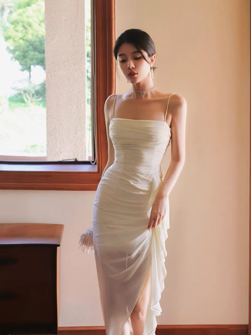 Thirteen and Xiaoxiao suspender dress for women summer chiffon pleated ribbon sexy royal sister slim fit hip skirt