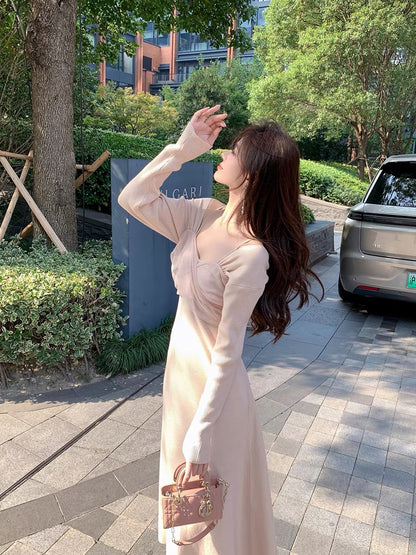 ByYou autumn and winter fairy mesh splicing pink knitted dress mid-length waist slimming skirt