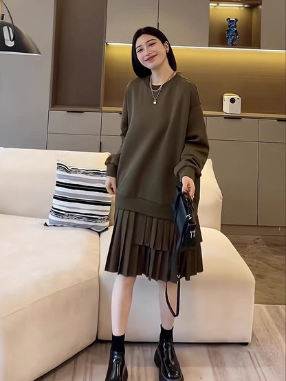 European women's early autumn high-end loose sweatshirt dress casual mid-length hem pleated splicing sweatshirt dress