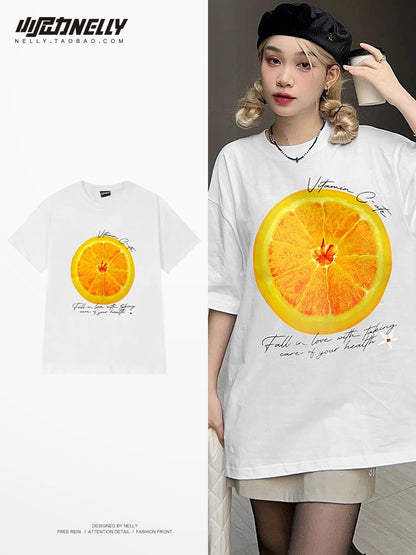 2024 summer new orange print cotton short-sleeved T-shirt men and women trendy casual loose round neck top half sleeve