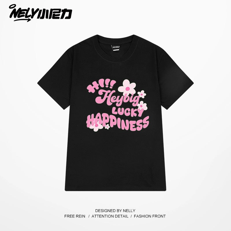 nely Little Nely hand-painted letter flower short-sleeved T-shirt for men and women 2024 new pure cotton loose versatile top trend