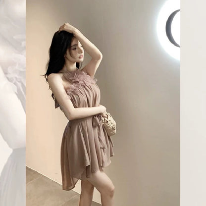 First love skirt breast milk wear summer A-line skirt pleated three-dimensional flower brooch hanging neck strap dress female