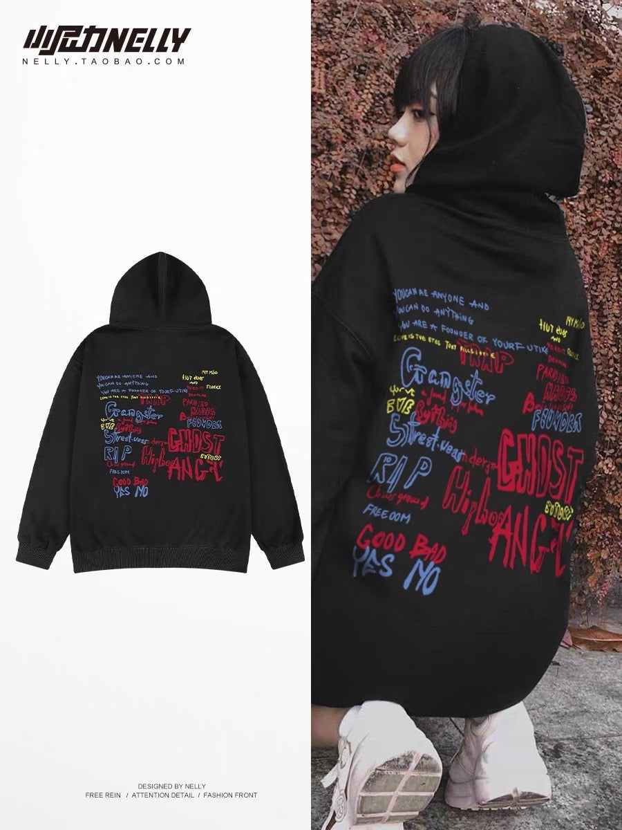 National trendy loose hooded sweatshirt for men in autumn and winter 2023 new couple American print boys trendy brand pullover hoodie