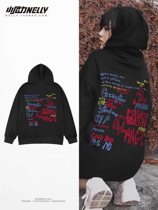 National trendy loose hooded sweatshirt for men in autumn and winter 2023 new couple American print boys trendy brand pullover hoodie