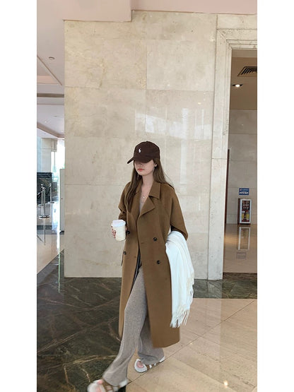 Wu 77 temperament and high-end double-sided woolen long coat for women autumn and winter Korean style loose and slim double-breasted woolen coat