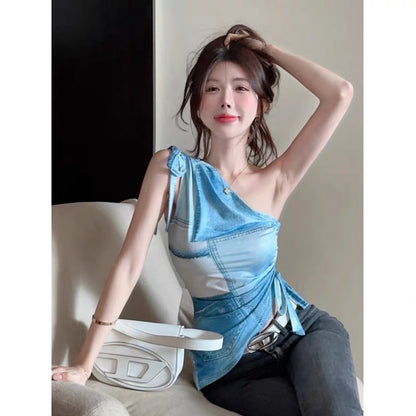 Unique and chic hot girl sexy off-shoulder sleeveless top design sense niche irregular slim camisole female summer