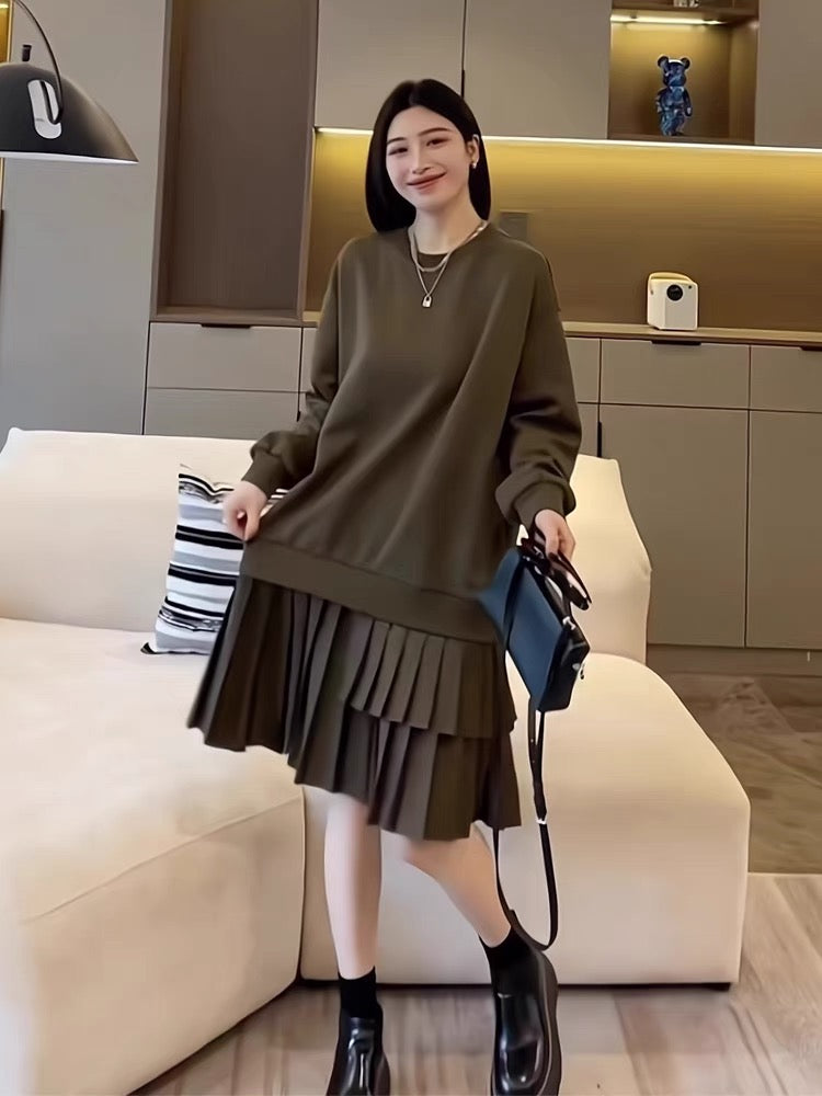 European women's early autumn high-end loose sweatshirt dress casual mid-length hem pleated splicing sweatshirt dress