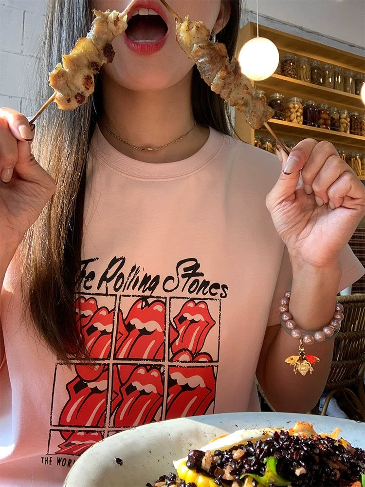 Luoluo Xianjie niche tops 2025 new early spring short-sleeved T-shirts for women with small size loose pink print
