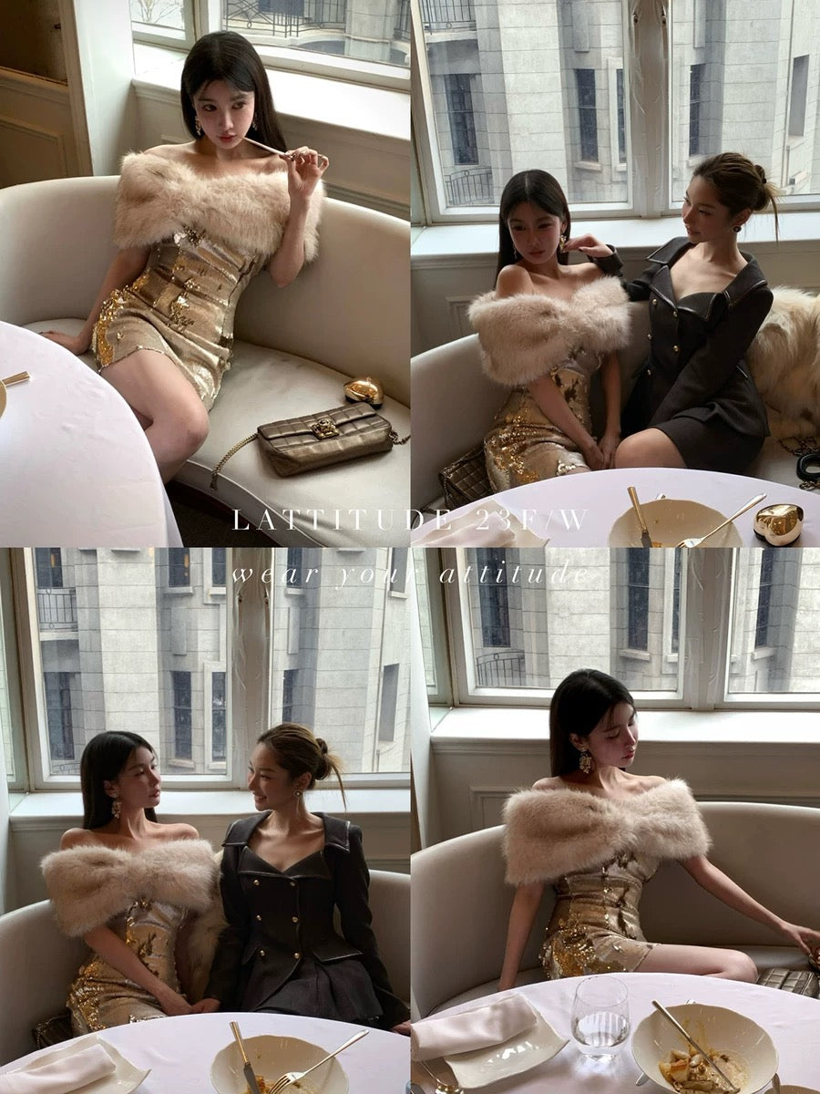 LATTITUDE/Yang Xiaolu birthday dress off-shoulder eco-friendly fur collar removable tube top color-changing sequin dress