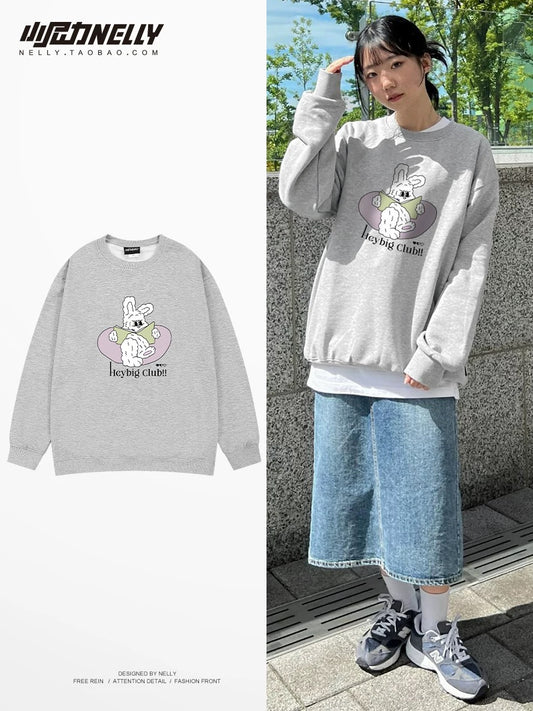 American retro creative rabbit print round neck sweatshirt for men and women in autumn and winter, long-sleeved bottoming shirt, trendy tops