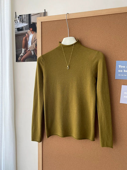 Retro soft and sticky cashmere rolled-edge turtleneck knit sweater for women, autumn and winter, gentle and versatile layering base layer top.