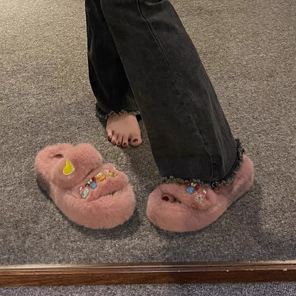 Cartoon cute thick-soled heightening children's fun furry slippers for women 2023 new autumn and winter versatile casual slippers for outer wear (S0710)