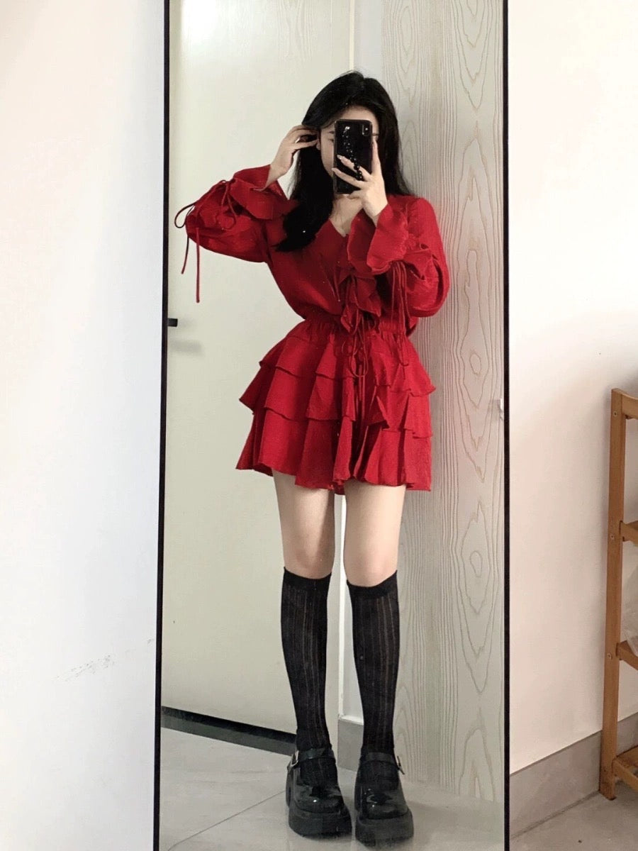 Early autumn foreign style age-reducing high-end sense red suit ruffled shirt top skirt two-piece dress female