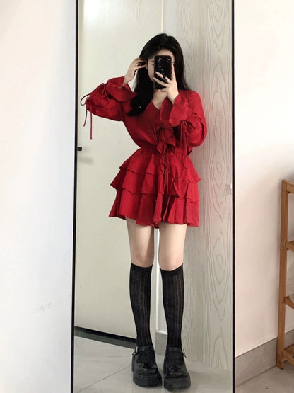 Early autumn foreign style age-reducing high-end sense red suit ruffled shirt top skirt two-piece dress female