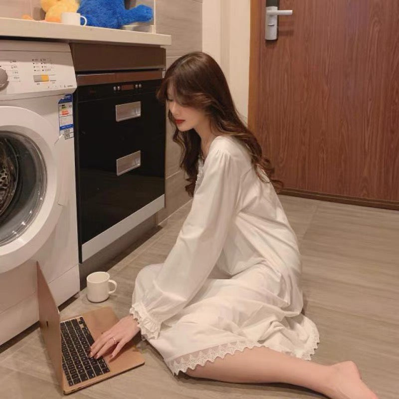 Palace style long-sleeved lace nightgown for women 2023 new spring Korean style cute princess home wear long skirt trendy for outer wear