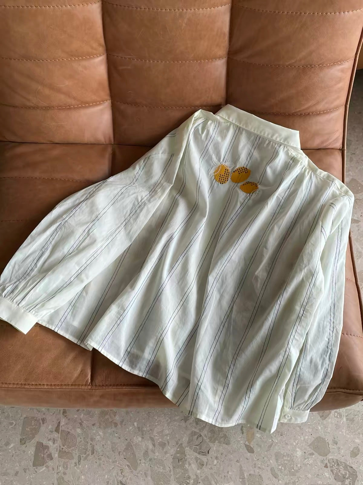 Women's Summer Long-Sleeve Shirt: Loose, Versatile, Lightweight Striped Sun-Protection Top with Lemon-Pattern Embroidery and Jacquard Texture