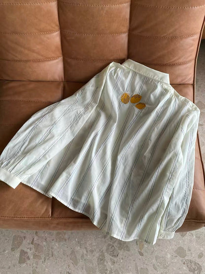 Women's Summer Long-Sleeve Shirt: Loose, Versatile, Lightweight Striped Sun-Protection Top with Lemon-Pattern Embroidery and Jacquard Texture