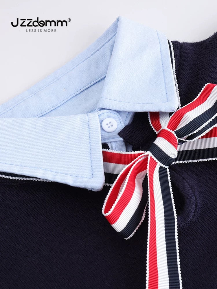 Jiuzhou Chengpin/JZZDEMM three-color bow lapel fake two-piece pullover female Korean style waist slim fit top