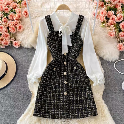 Autumn ladylike elegant bow tie shirt two-piece suit tweed plaid suspender dress