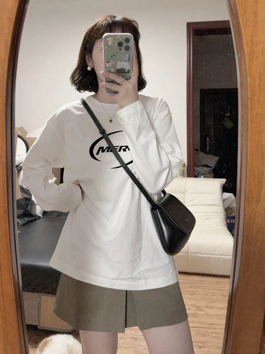 100% cotton American retro Hong Kong style chic straight shoulder long-sleeved T-shirt women's loose lazy niche design top