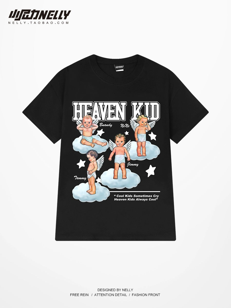 Korean version of loose cartoon little angel print ins short-sleeved T-shirt male and female trendy cotton tops couple summer trend