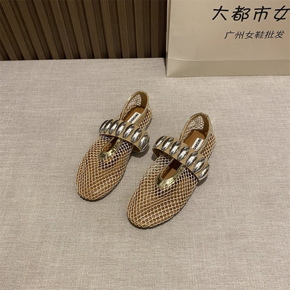 French evening style flat-bottomed niche fairy shoes for outdoor wear 2025 new summer mesh hollow Mary Jane sandals