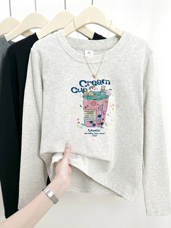 2025 Early Autumn New Style Bottoming Shirt Western Style Straight Shoulder Women's Long Sleeve T-shirt Round Neck College Style Letter Printed Top