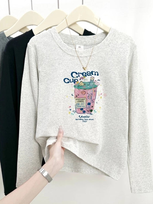 2025 Early Autumn New Style Bottoming Shirt Western Style Straight Shoulder Women's Long Sleeve T-shirt Round Neck College Style Letter Printed Top