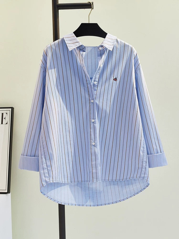 Letter embroidered blue striped shirt for women 2024 spring and summer new Korean loose design button long-sleeved shirt