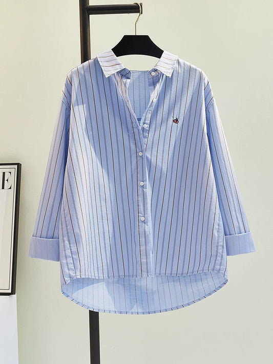 Letter embroidered blue striped shirt for women 2024 spring and summer new Korean loose design button long-sleeved shirt