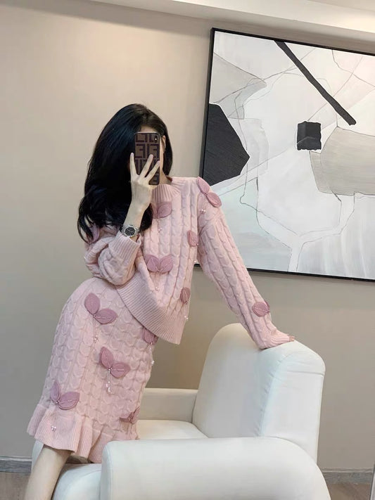 Autumn and winter fashionable little Hong Kong style retro chic fashion casual lazy knitted fishtail skirt two-piece suit for women (B5915)