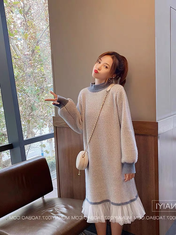 2023 autumn and winter new style spliced knitted dress for women, versatile slimming half turtleneck with coat and sweater skirt (B1412)