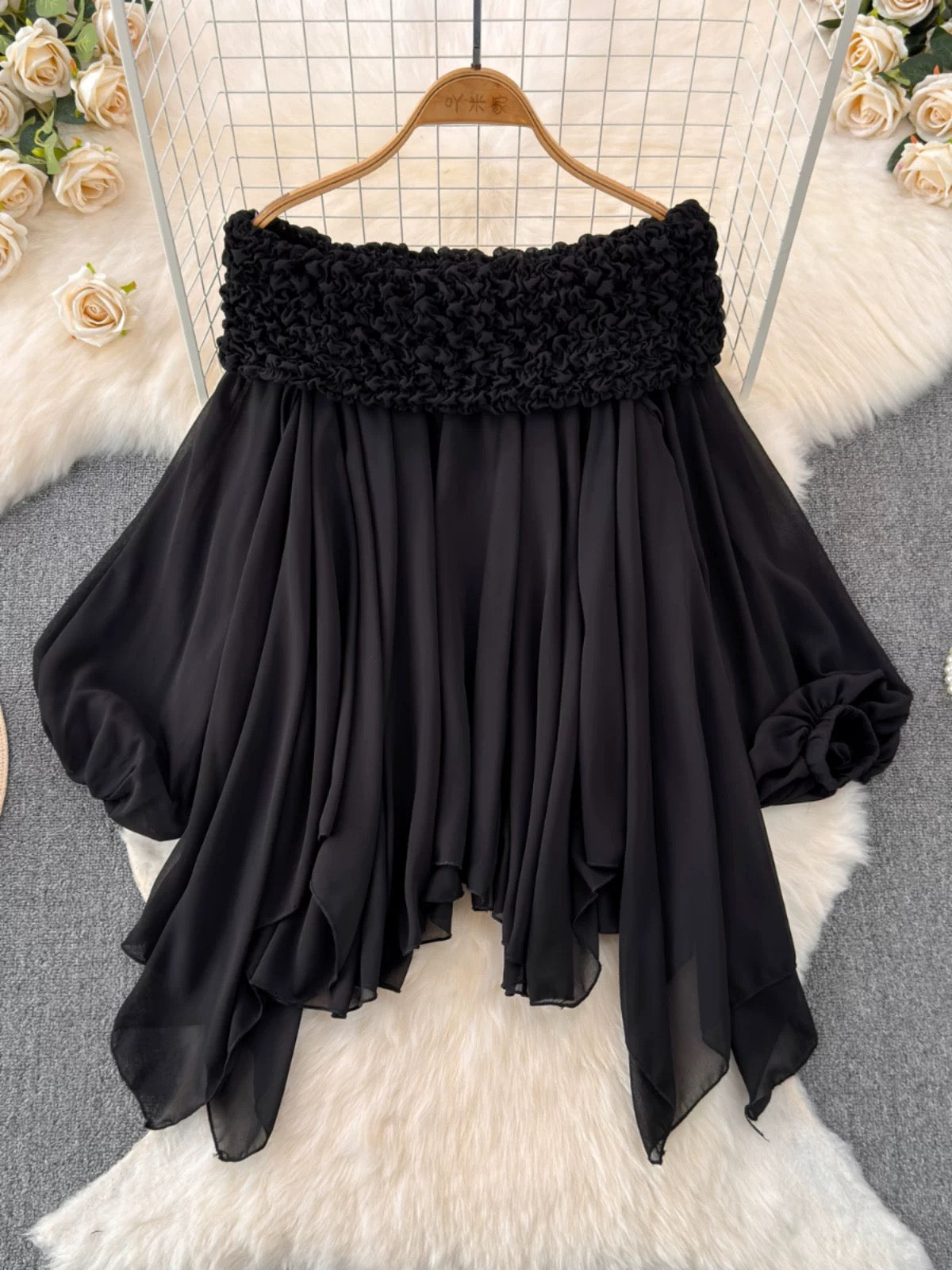 Fairy tops are super sweet and heavy pleated with off-shoulder neckline, pure French puff sleeves, irregular chiffon shirt