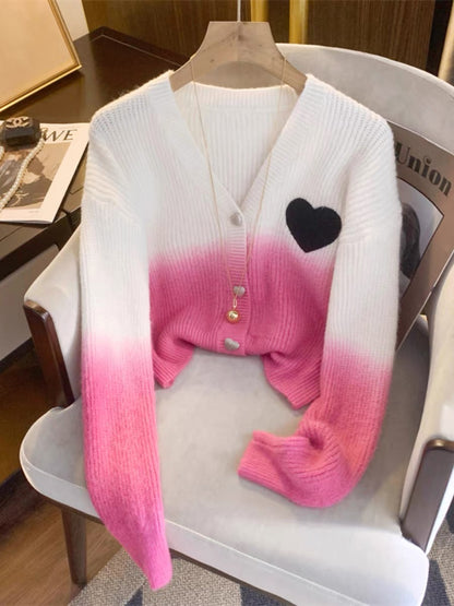 Gradient pink love V-neck knitted cardigan for women 2023 autumn and winter new style warm and soft waxy short outer sweater jacket V1135