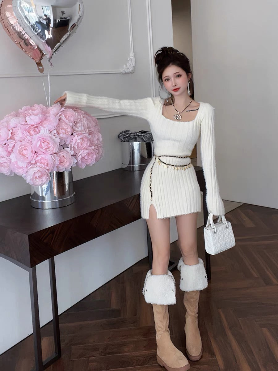 Sweater Dress Long Skirt Women's Autumn and Winter New Square Neck High Waist Hip Short Skirt Two-piece Knitted Suit Skirt (S0942)