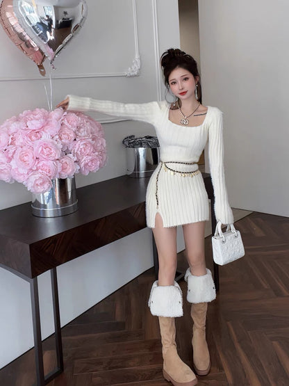 Sweater Dress Long Skirt Women's Autumn and Winter New Square Neck High Waist Hip Short Skirt Two-piece Knitted Suit Skirt (S0942)