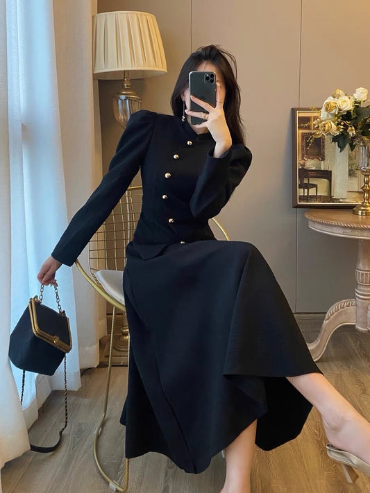 Xiaoxiang style temperament two-piece suit women's autumn clothes new foreign style French retro Hepburn style black dress long skirt