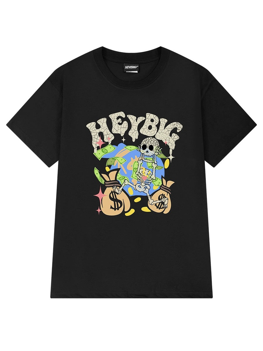 Summer new short-sleeved T-shirt oversize trendy brand punk skull print American round neck hip-hop half-sleeve for men and women