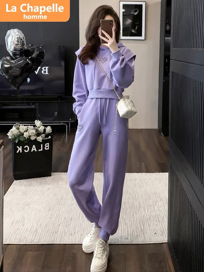 La Chapelle Purple Casual Sports Suit Women's Autumn 2023 New Fashion Style Hooded Sweatshirt Two-piece Set