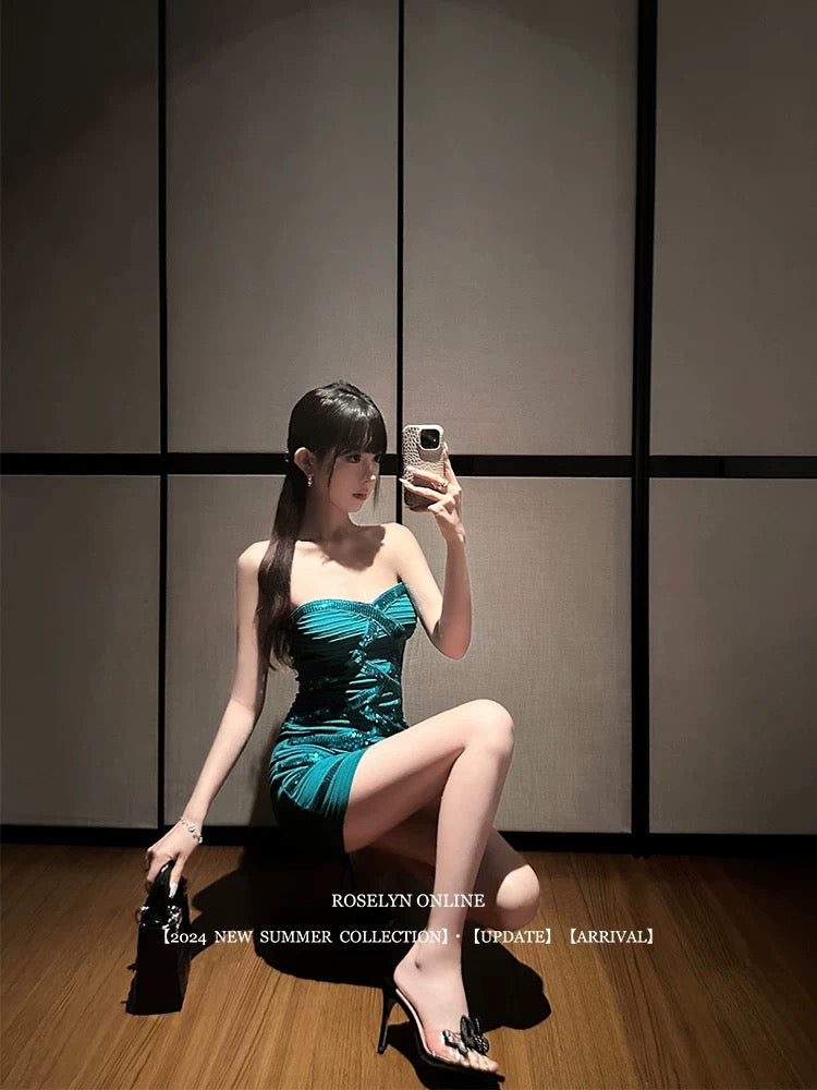 Roselyn [Turquoise] Heavy sequined knitted tube top dress for women, ancient style, noble waist dress