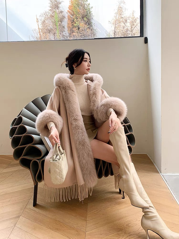 High-end wool double-sided real fox fur placket tassel fur coat