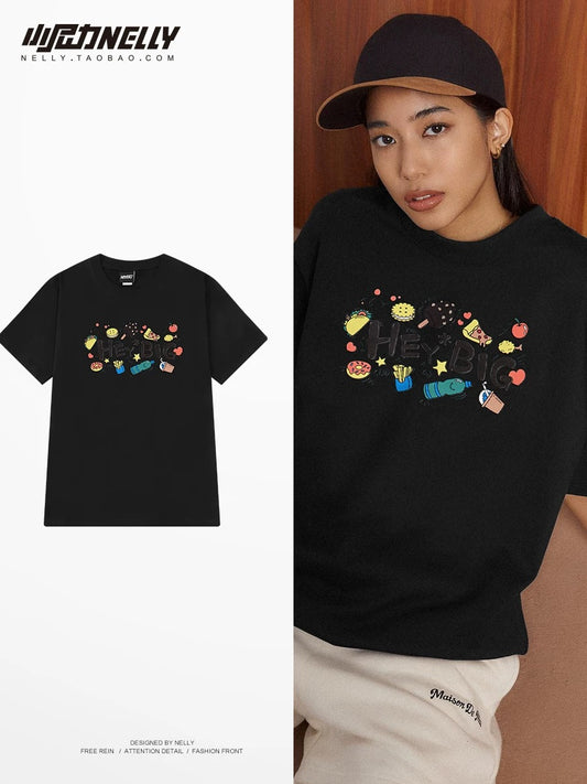American cartoon cat print round neck short sleeve men and women summer 2025 couple pure cotton t-shirt half sleeve bottoming shirt trend